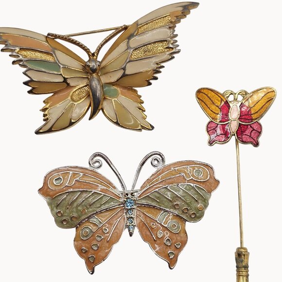 VTG Brooch 3PC Set Butterflies Spring Fairycore Whimsy Cute Floral Cottage Pins - Picture 2 of 11